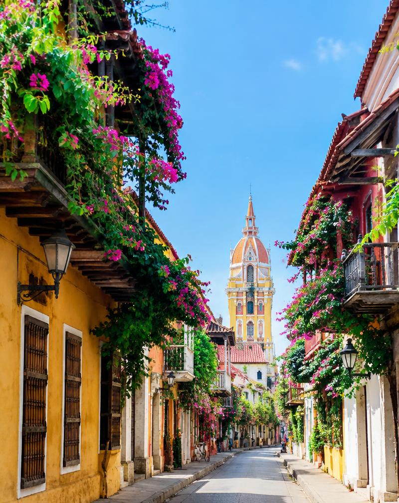 Calle colonial de Cartagena con flores