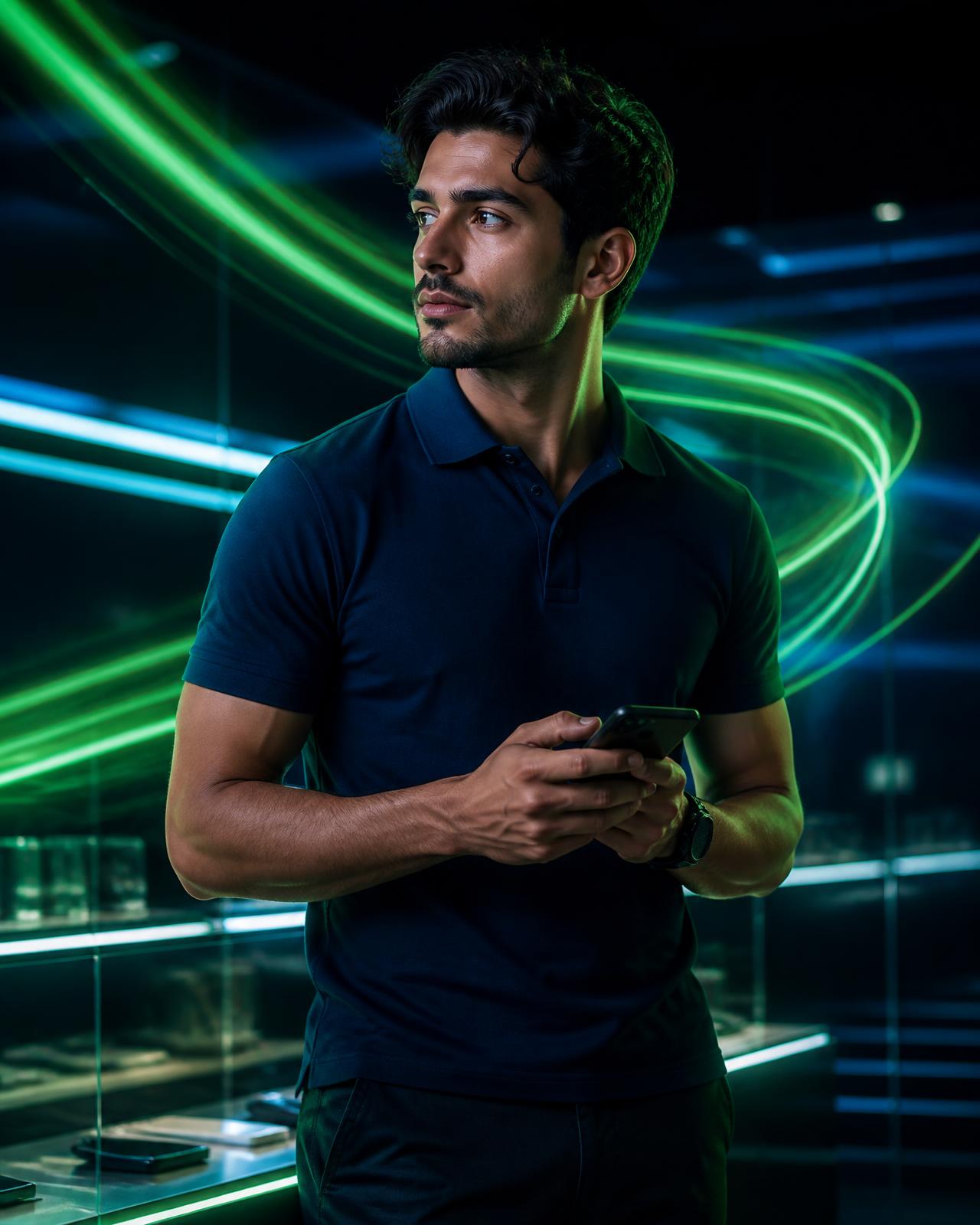 Joven emprendedor mexicano con smartphone en su punto de venta iluminado con neón