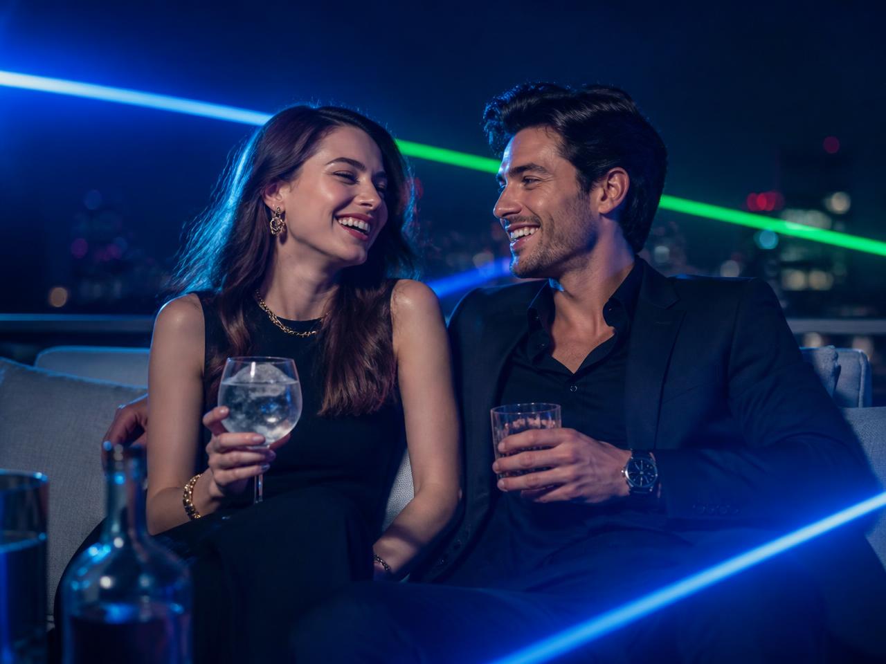 Pareja joven de emprendedores disfrutando una terraza premium de noche