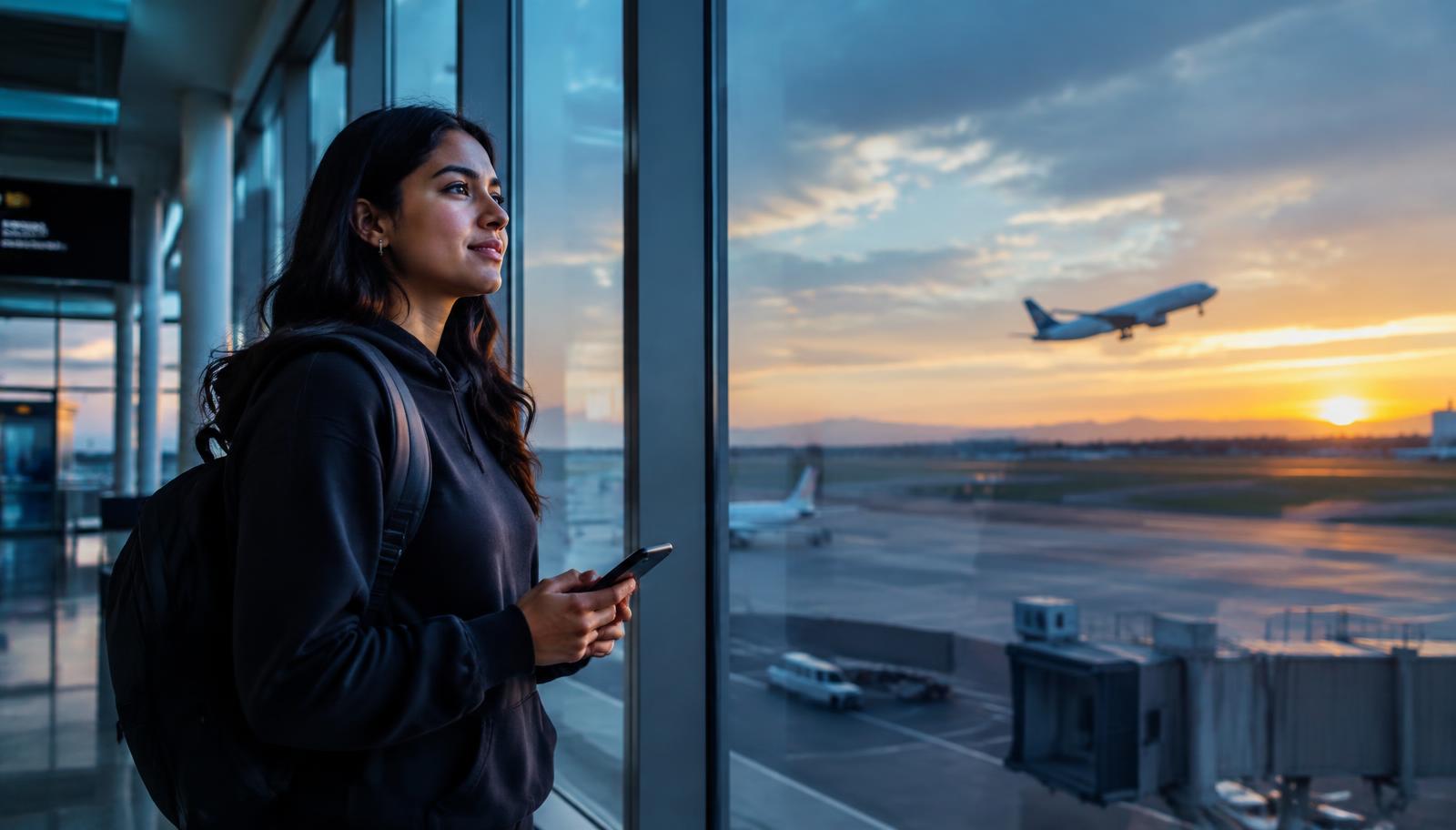 Viajera revisando su celular en el aeropuerto mientras despega un avión