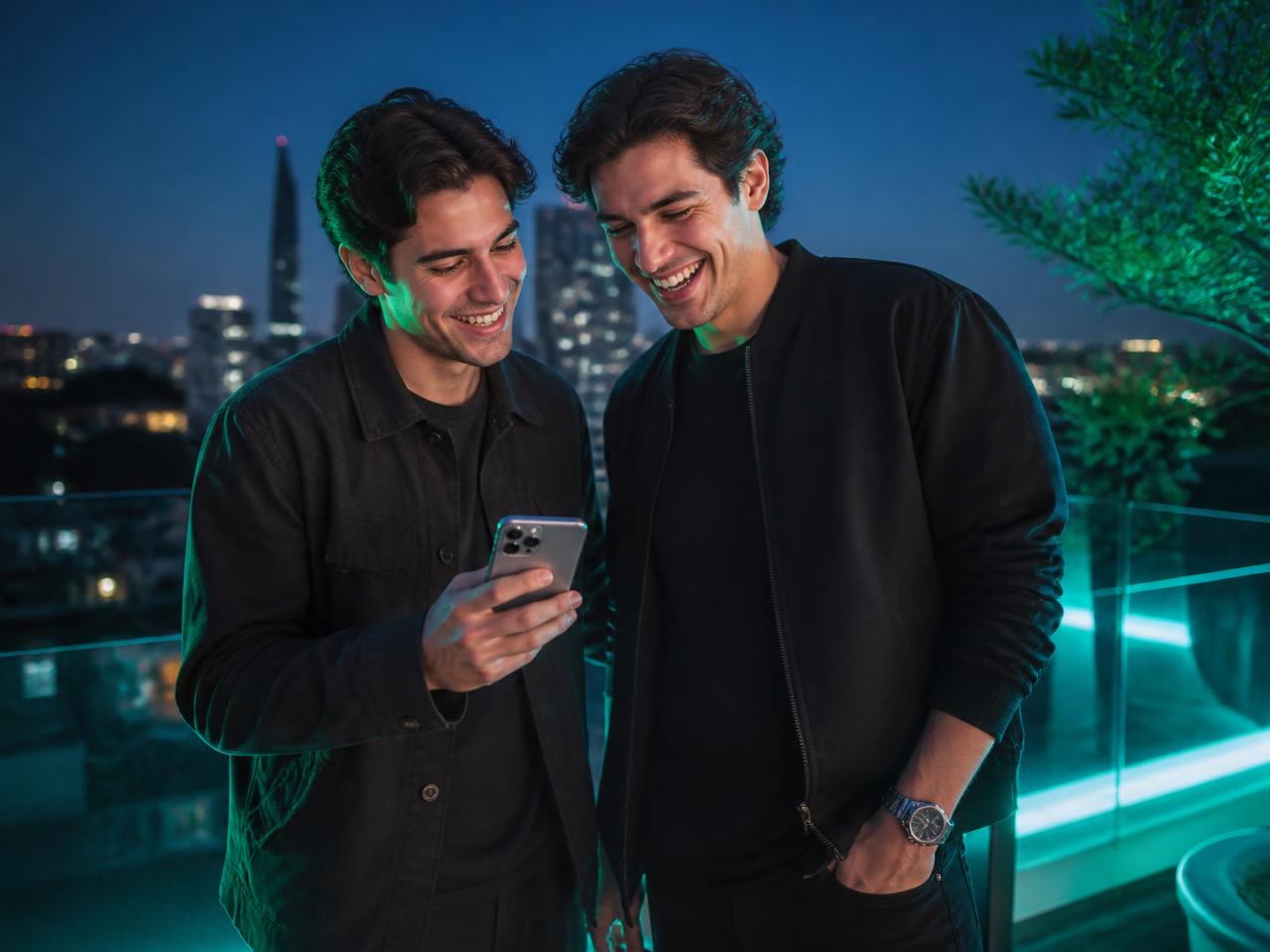 Amigos celebrando en una azotea usando sus celulares tel.blue
