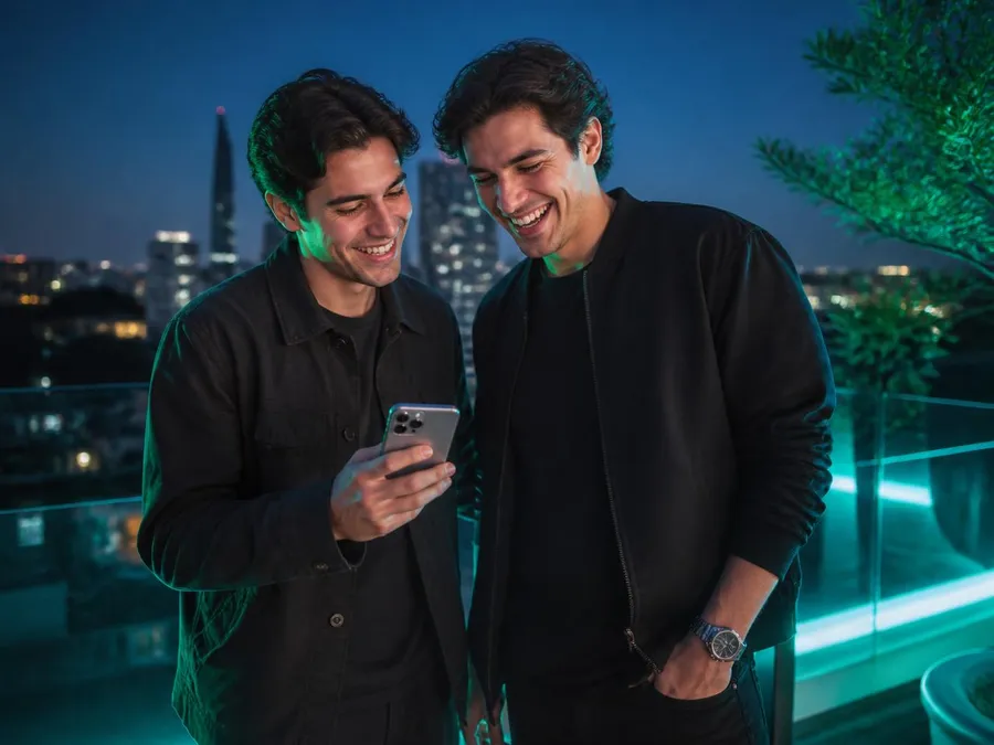 Dos amigos jóvenes revisando su iPhone en una terraza de la Ciudad de México