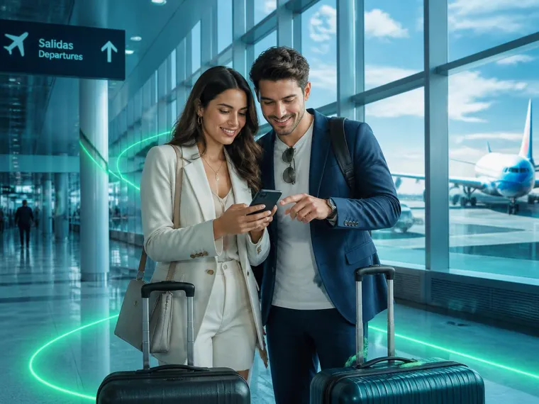 Pareja de viaje consultando su iPhone en la sala de salidas del aeropuerto