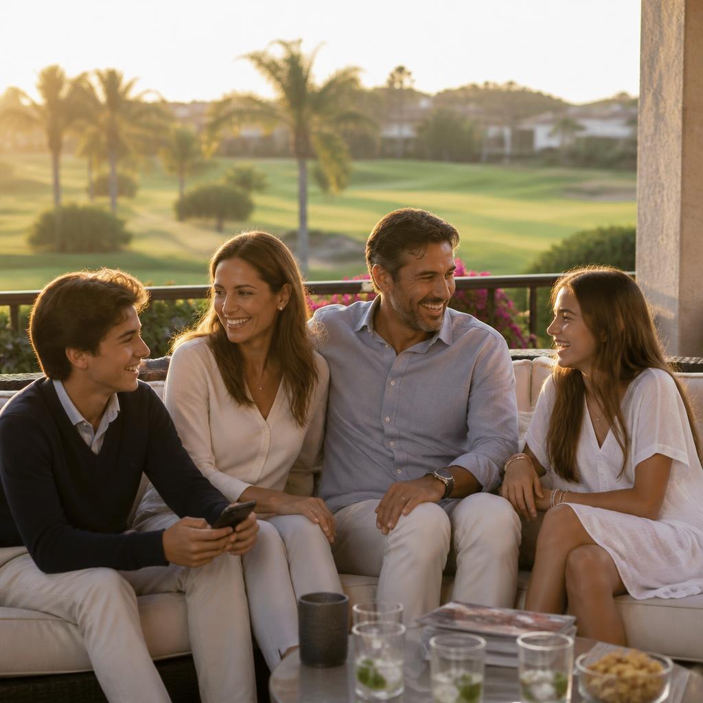 Familia atendiendo una llamada compartida en su hogar