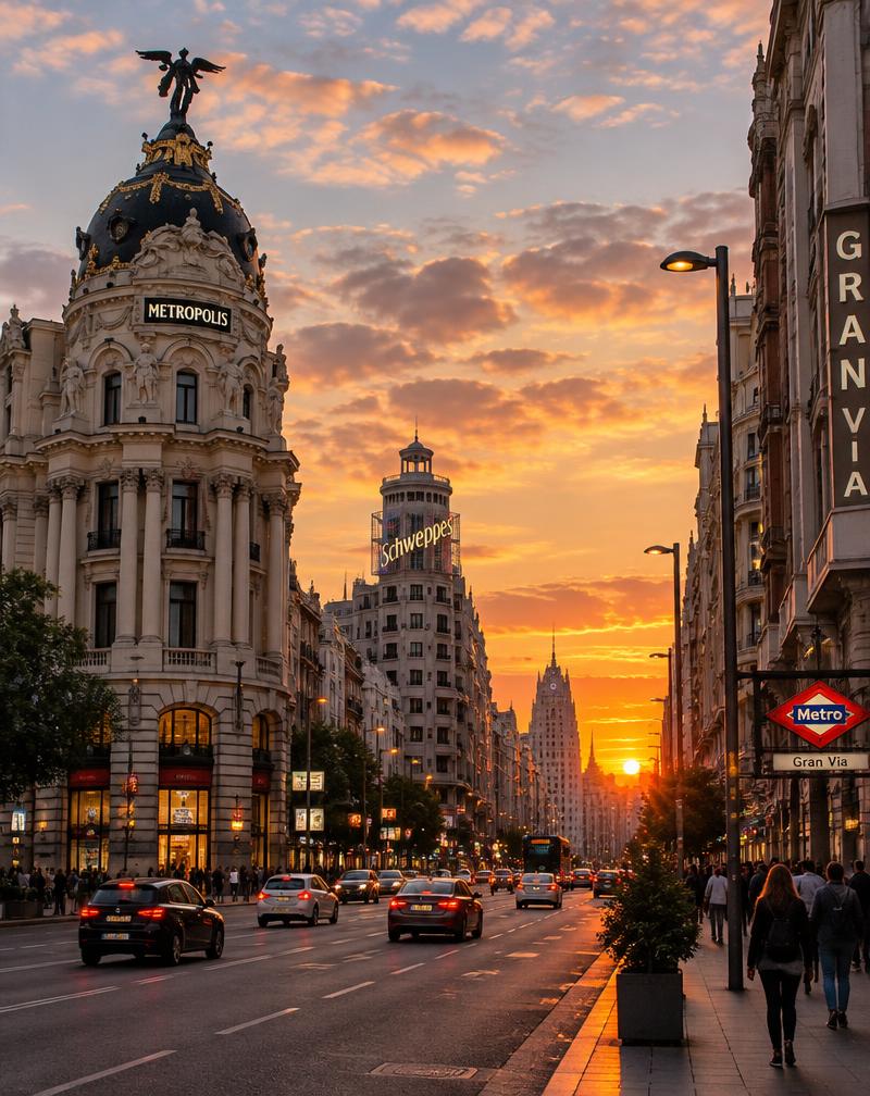 Gran Vía de Madrid al atardecer