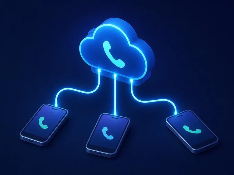 Ilustración de una central telefónica en la nube conectada a tres celulares